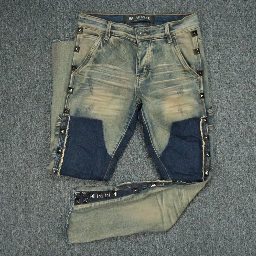Valabasas Jeans Mens 29x30 Blue Flare Button Fly Studded Raw Hem Slim Stretch